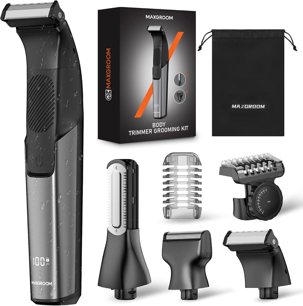 Body Hair Trimmer for Men 3-in-1 Groin, Pubic & Ball Trimmer with Skin Safe No-Nick Blades, IPX6 Waterproof Wet/Dry Electric Shaver for Chest, Underarms, Legs, USB-C Rechargeable Grooming Kit