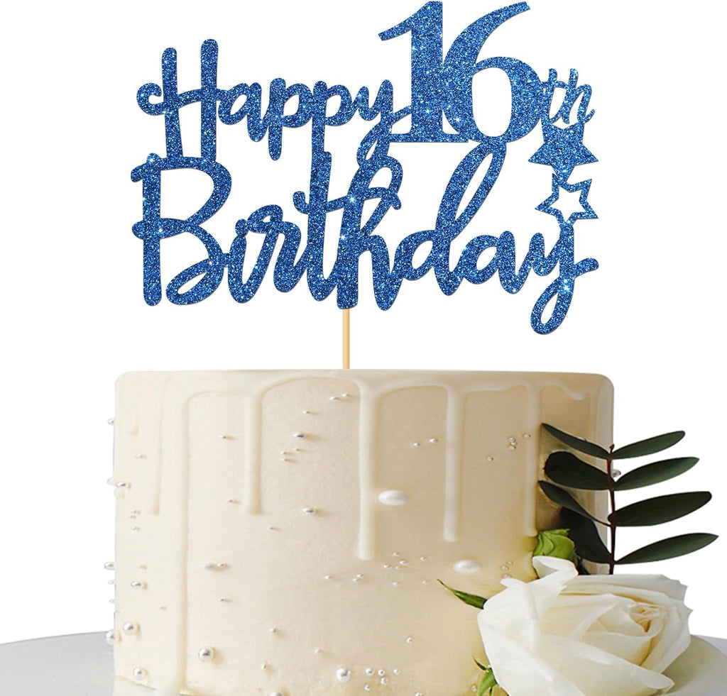 Royal Blue Glitter Happy 16th Birthday Cake Topper - 16 Sign Cake Topper - Cheers to 16 Years Party Supplies - 16th Birthday Party Decorations
