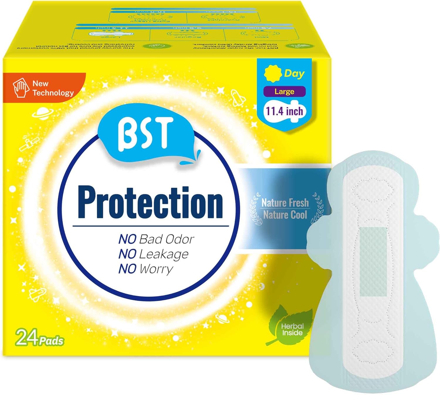 BST Pads for Women, Daily Thin Sanitary Pads with Wings,Nature Fresh Cool Herbal Infusion with Camellia and Mint Scent, 11.4 Inch(290 mm), Large, 24 Count