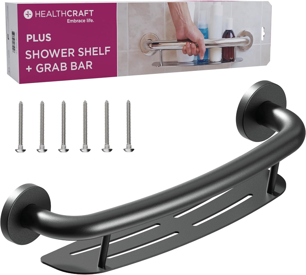 HEALTHCRAFT Plus 2-in-1 Shampoo Shelf and Grab Bar (19.5 Inch) | ADA Compliant Bathroom Safety Grab Bar for Seniors, Wall-Mounted, Supports Up to 500 lbs, Matte Black