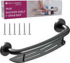 HEALTHCRAFT Plus 2-in-1 Shampoo Shelf and Grab Bar (19.5 Inch) | ADA Compliant Bathroom Safety Grab Bar for Seniors, Wall-Mounted, Supports Up to 500 lbs, Matte Black