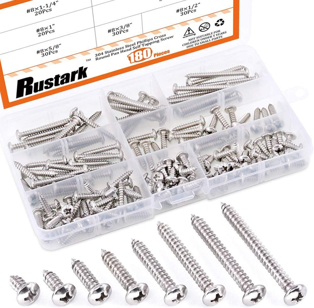 180-Pcs [#8 3/8" to 1-1/2"] 304 Stainless Steel Round Pan Head Phillips Cross Wood Screws Self Tapping Drilling Screws Assortment Kit