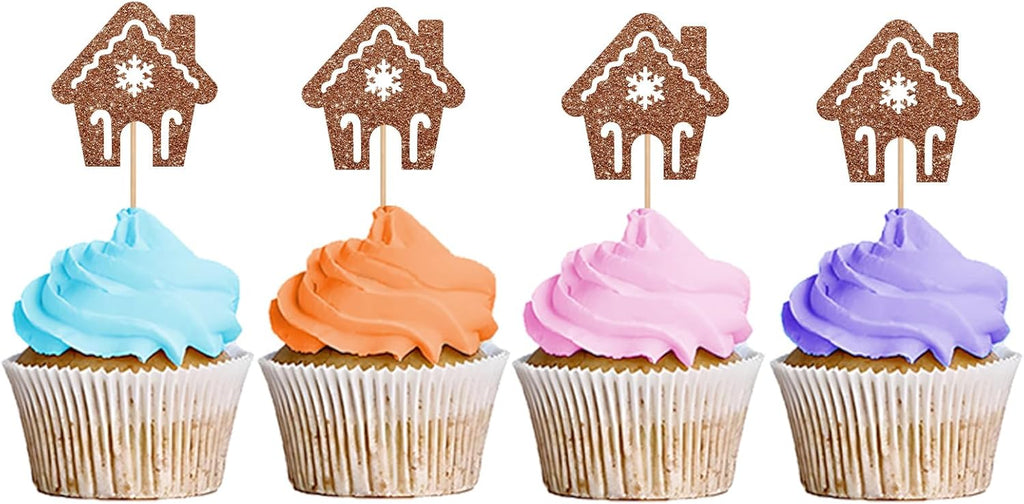 24PCS Christmas Cupcake Toppers, Gingerbread House Cupcake Toppers, Gingerbread Man Cupcake Picks for Christmas, Christmas Holiday/Winter Wonderland Party Decoration - Brown Glitter