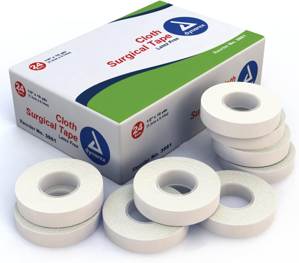 Dynarex Cloth Surgical Tape, Durable, Soft-Smooth Silky Fabric, Latex-Free, Tearable, Secure Adhesion, White, 0.5" x 10 yds, 1 Box of 24 Rolls of Tape