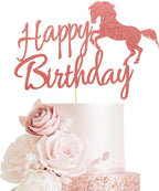 Horse Happy Birthday Cake Topper, Horse Racing Theme Party Decoration for Boys, Girls, Men, Women & Kids - Rose Gold Glitter