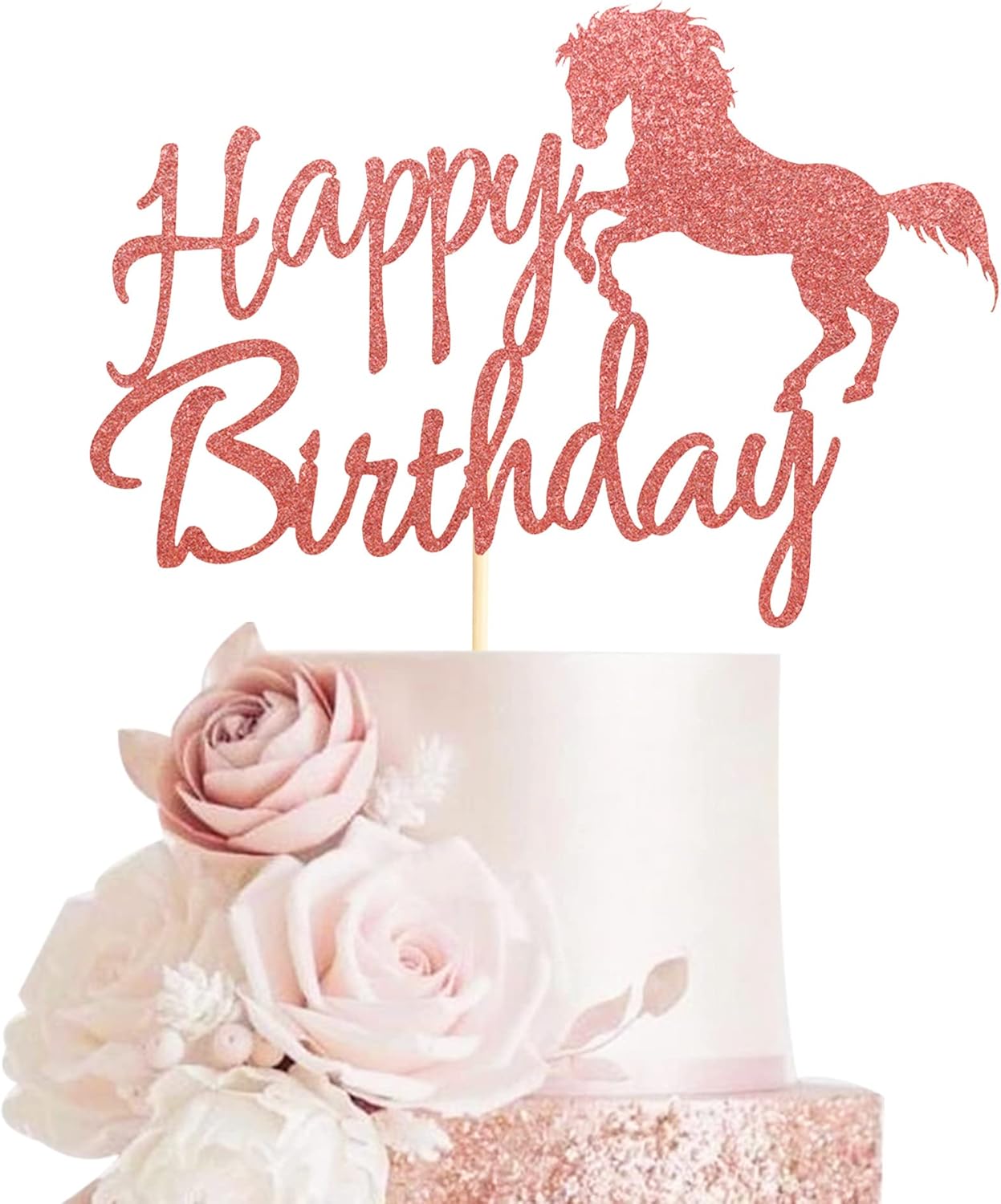 Horse Happy Birthday Cake Topper, Horse Racing Theme Party Decoration for Boys, Girls, Men, Women & Kids - Rose Gold Glitter