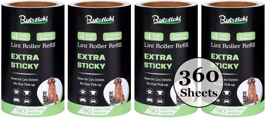 4 inch Lint Roller Refills for Amazon PetLovers Evercare Albatross and More Standard Lint Rollers, Extra Sticky 90 Sheets per Refill, Pack of 4 Rolls, 360 Sheets Total (1 1/2 inch Inside Dia.)