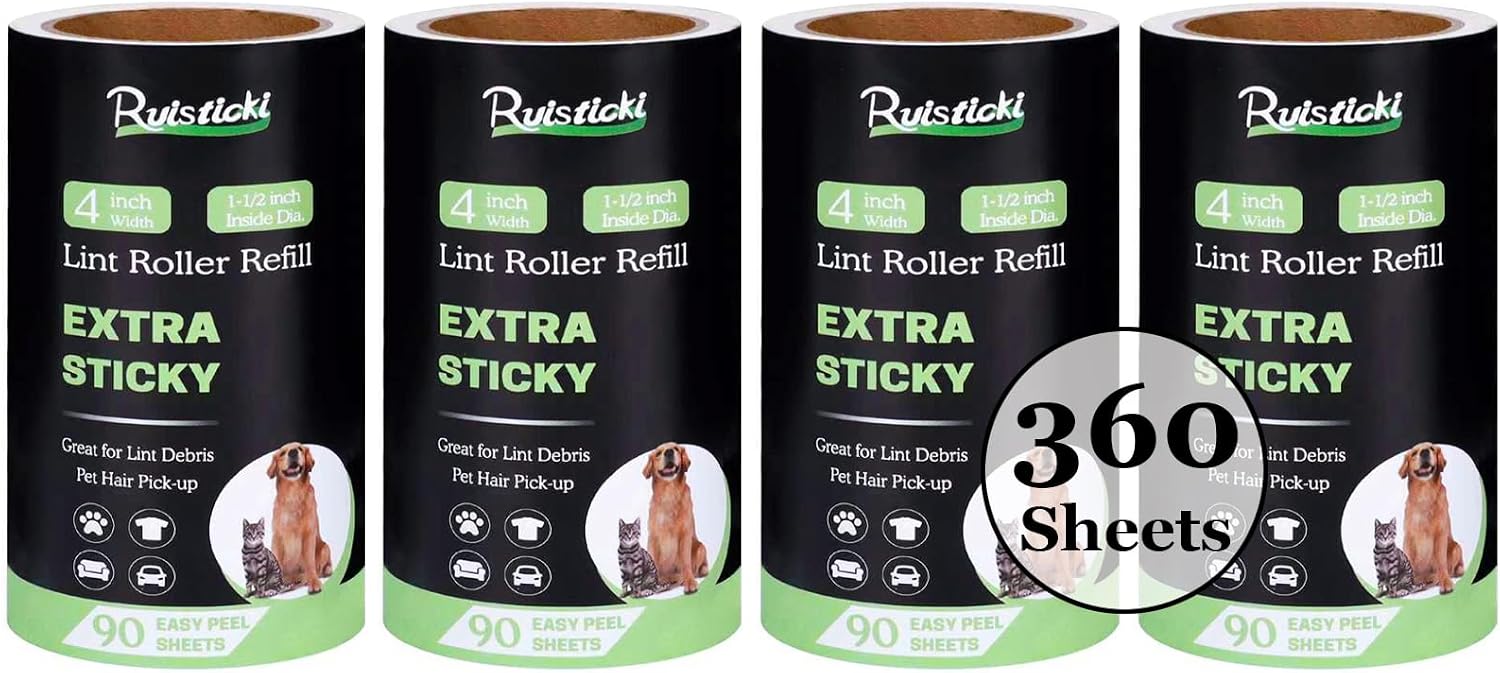 4 inch Lint Roller Refills for Amazon PetLovers Evercare Albatross and More Standard Lint Rollers, Extra Sticky 90 Sheets per Refill, Pack of 4 Rolls, 360 Sheets Total (1 1/2 inch Inside Dia.)