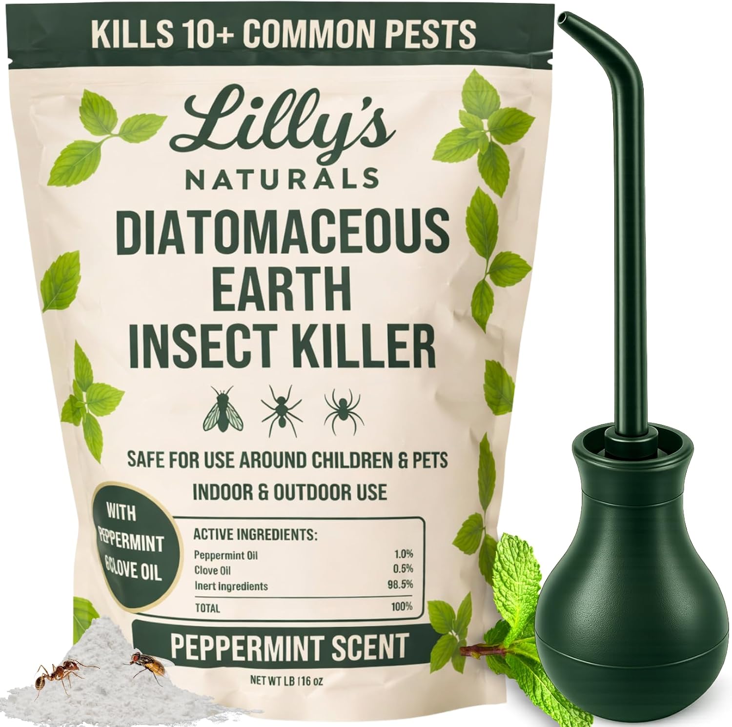 Diatomaceous Earth Food Grade with Peppermint Oil Crawling Insect Killer | with Powder Duster Included | Indoor Pest Control Powder for Bed Bug, Roach, Ant, Fleas | Lilly's naturals, 1 lb