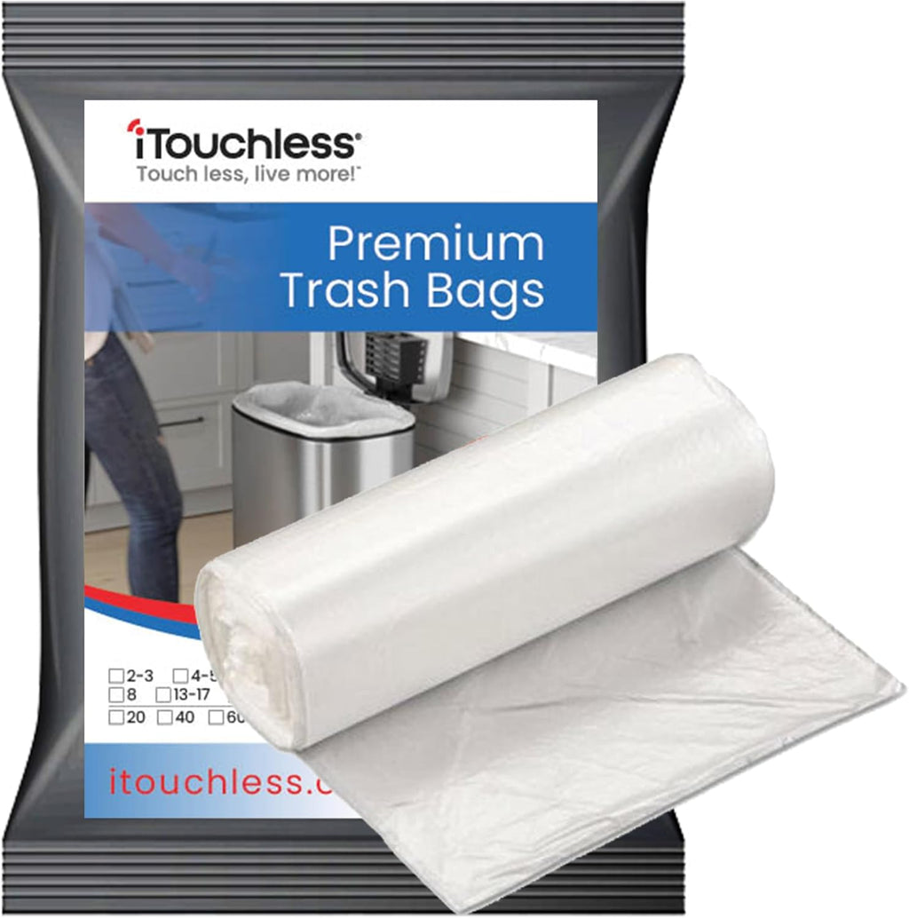 iTouchless Small / Medium Trash Bags, Fits 2 - 6 Gallon Garbage Cans, 50 Count, Strong Bathroom Kitchen Bin Liners, for Rubbish Recycling Compost in the Home, Office, Clear