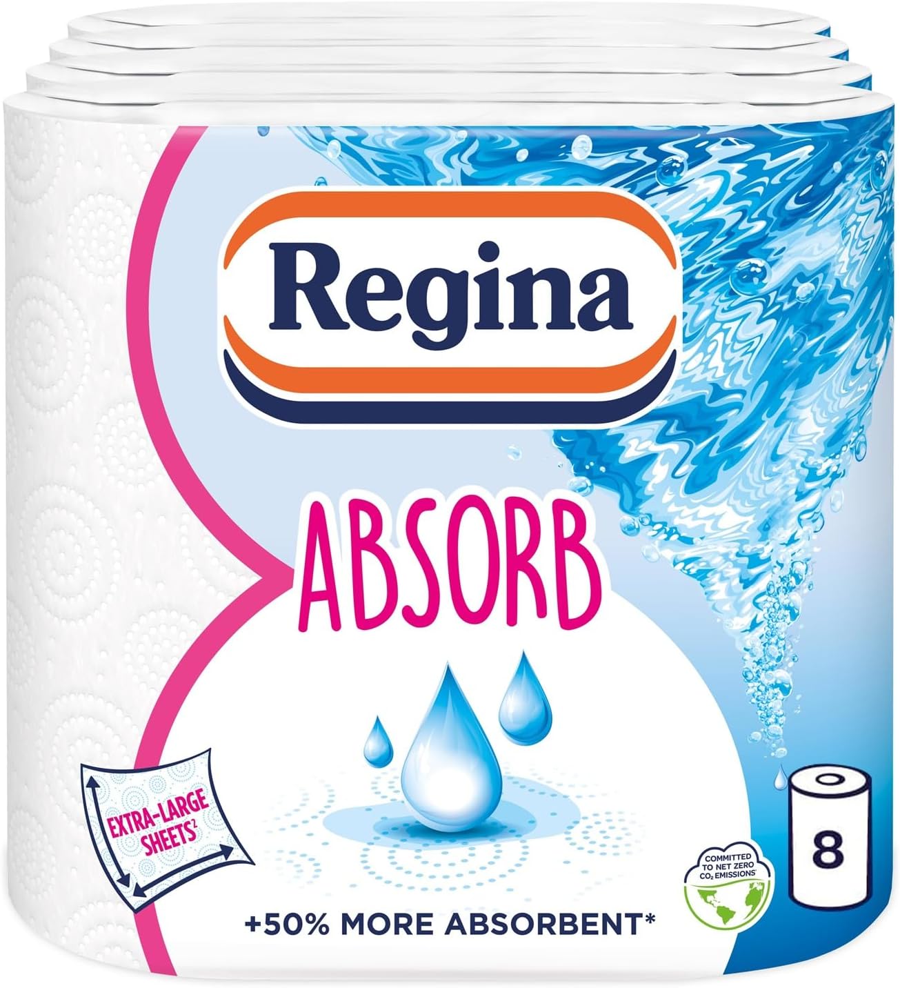 Regina XXL Absorb Kitchen Towels – 8 Rolls Per Pack, Super Absorbent 2-ply Kitchen Towels, 75 Sheets Per Roll, Extra-large Sheets, 50% More Absorbent Than Previous XXL Products, Easy Open Pack