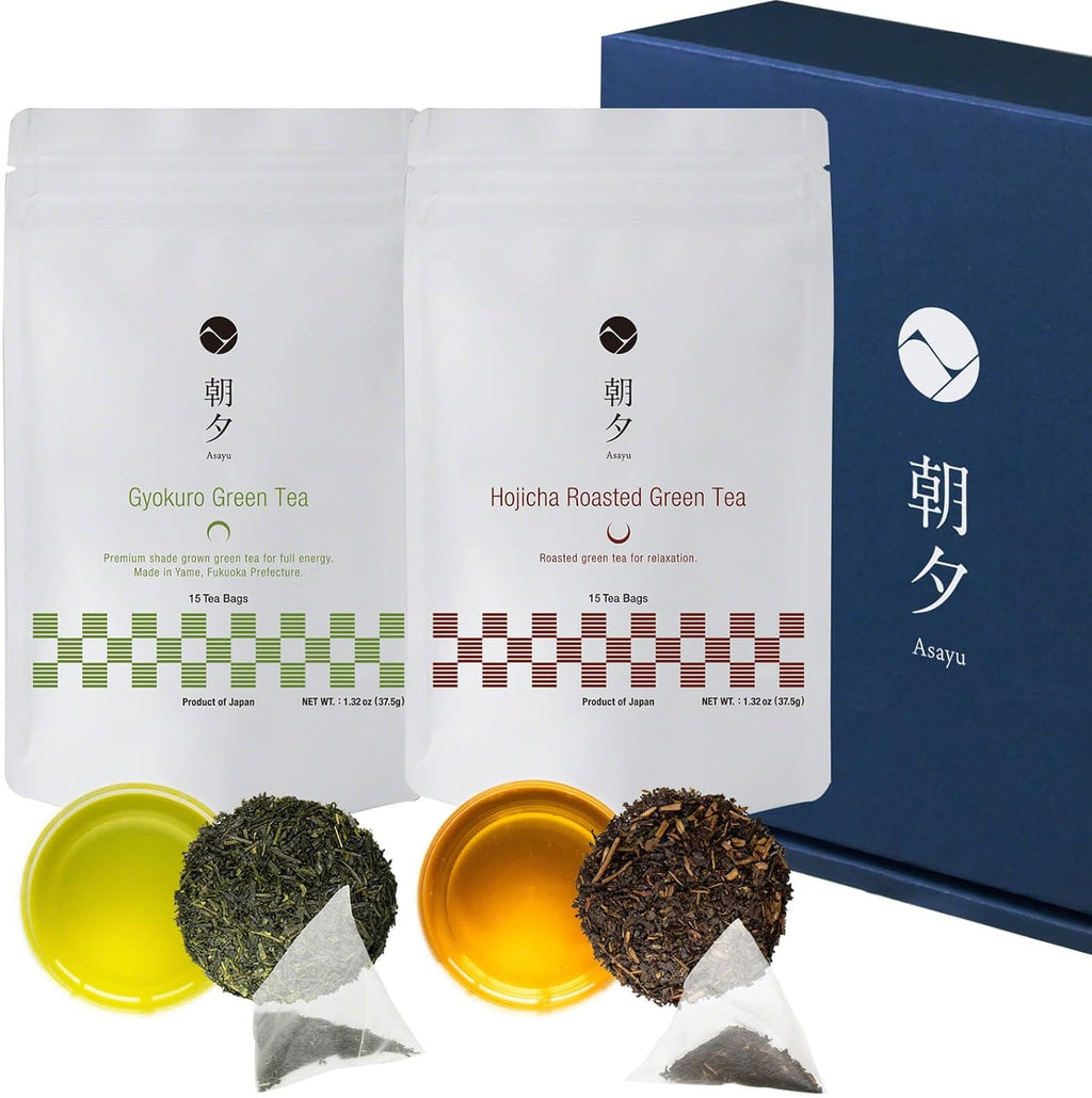 Asayu Japan Green Tea Set - Daily Essentials Duo Gift Box ( Japanese Gyokuro and Hojicha) 30 Tea Bags 100% Made in Japan, Premium Shade Grown Tea for Morning and Roasted Green Tea for Evening - Daily Essentials Duo