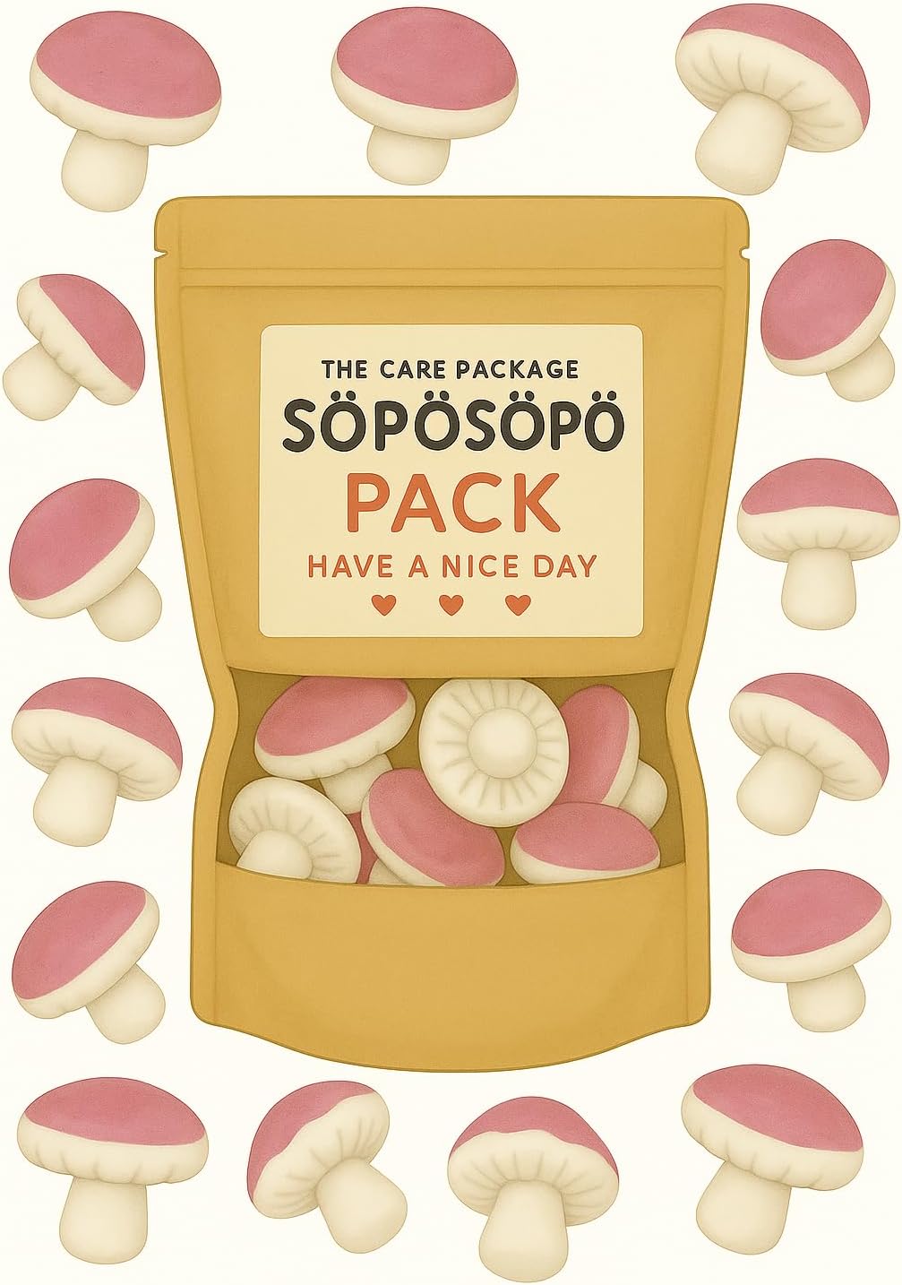 SÖPÖSÖPÖ Scandinavian Treat Pack – Fluffy Mushroom Marshmallows Gummies – 150g Nordic Candy Bag – Soft & Whimsical Mushroom-Shaped Treat soposopo Pack