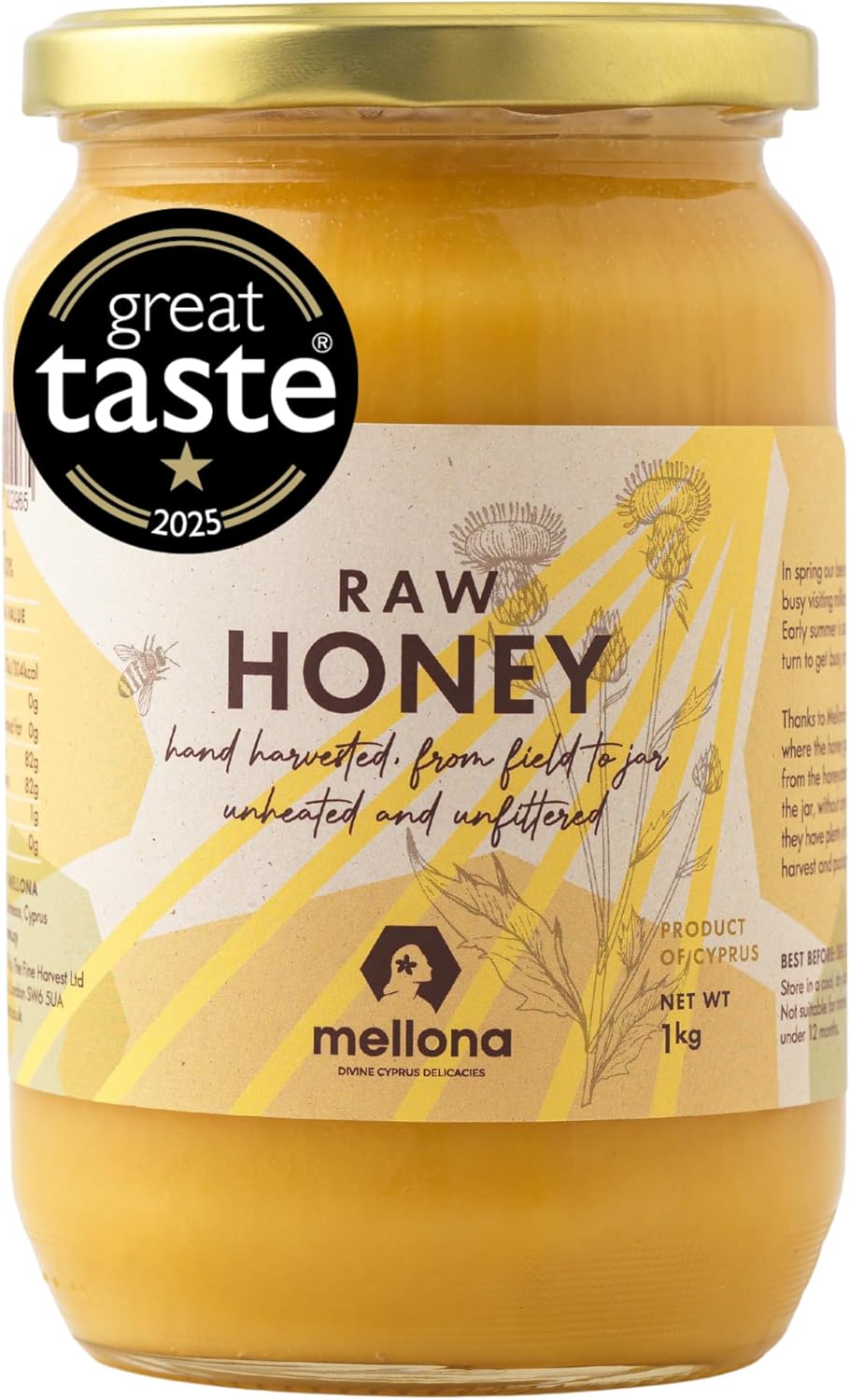 Mellona 100% Raw Honey Unfiltered, Natural Creamy Golden Honey Raw Unprocessed, Unheated & Unfiltered(1KG)