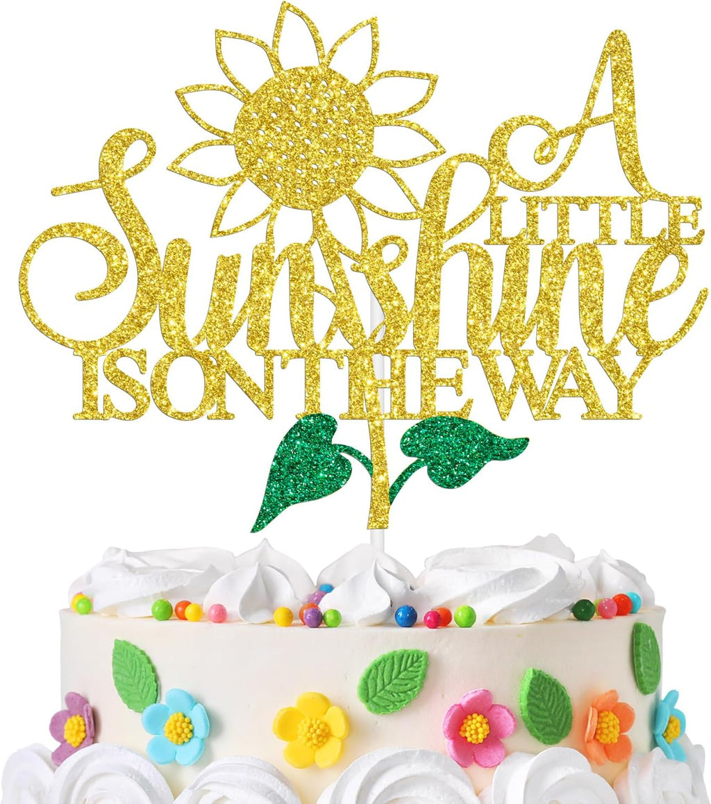 A Little Sunshine is on the Way Cake Topper, Oh Baby, Glittery Sunflower Theme Welcome Baby Boy/Girl Cake Decorations Supplies, Baby Shower