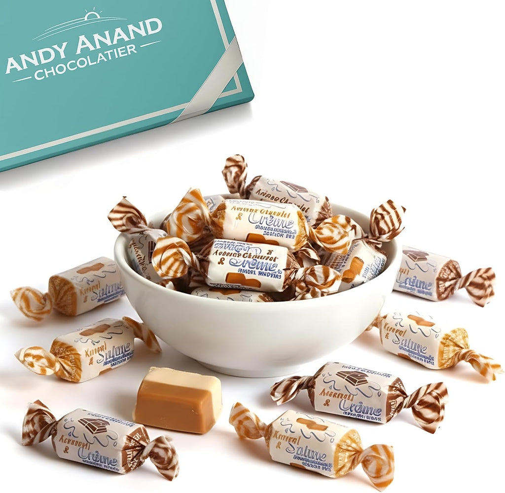 ANDY ANAND CHOCOLATIER Sugar Free Creamy Taffy Toffee - Trio of Caramel, Chocolate & Coffee - Made in Europe Gluten Free Assorted Flavor Individually Wrapped Candy With No preservatives (33pcs, 7 Oz)