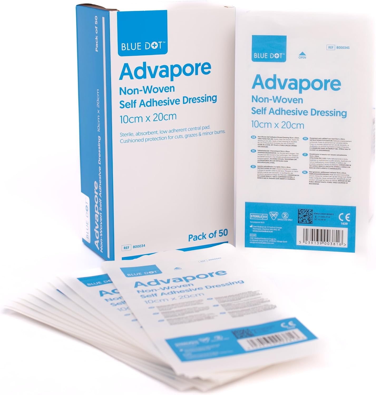 Blue Dot Advapore Fabric Non-Woven Self Adhesive Wound Dressing 50-Piece Set, 10 cm x 20 cm Size