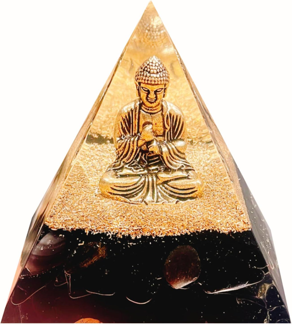 Natural Obsidian Orgone Pyramid, Orgonite Crystal Healing Pyramid with Built-in Buddha Statue, Attract Wealth Success, Prosperity, Balance Chakra Used for Meditation & Healing, 6cm