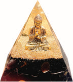 Natural Obsidian Orgone Pyramid, Orgonite Crystal Healing Pyramid with Built-in Buddha Statue, Attract Wealth Success, Prosperity, Balance Chakra Used for Meditation & Healing, 6cm