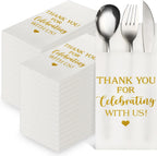 Fuutreo 100 Pcs Wedding Linen Feel Napkins Pocket Disposable Flatware Airlaid Paper Absorbent Dinner Napkins for Wedding Shower Engagement Party Decorations(Gold)