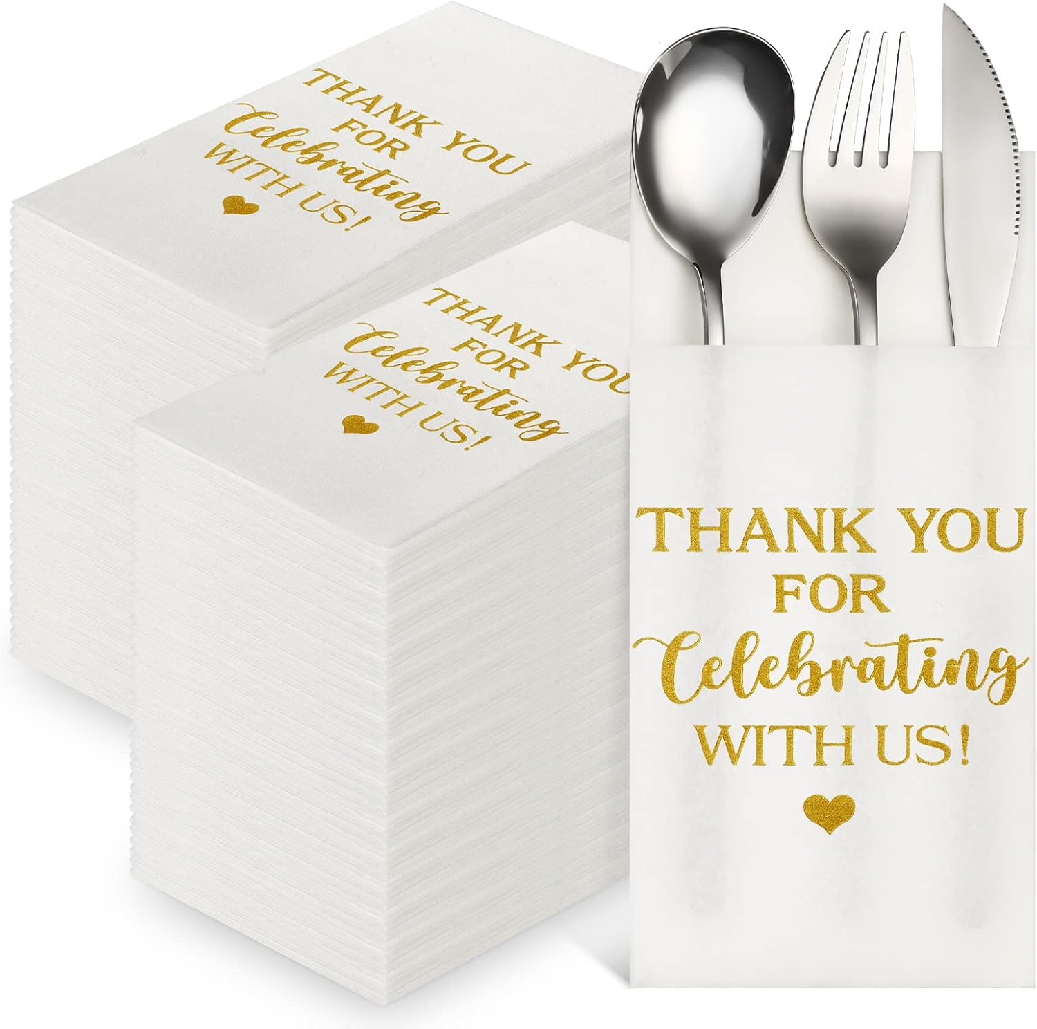 Fuutreo 100 Pcs Wedding Linen Feel Napkins Pocket Disposable Flatware Airlaid Paper Absorbent Dinner Napkins for Wedding Shower Engagement Party Decorations(Gold)