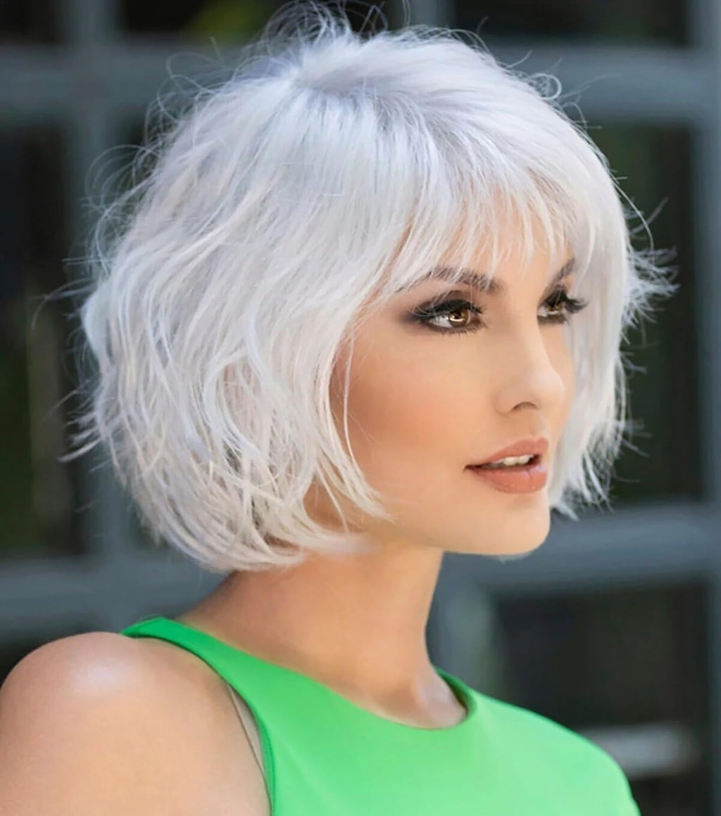 ccXrC Fashion Women Short Curly Hair Wig Silver white Wig for Women Wig Layered Bob Wig with Bangs Natural Wig for Daily Use