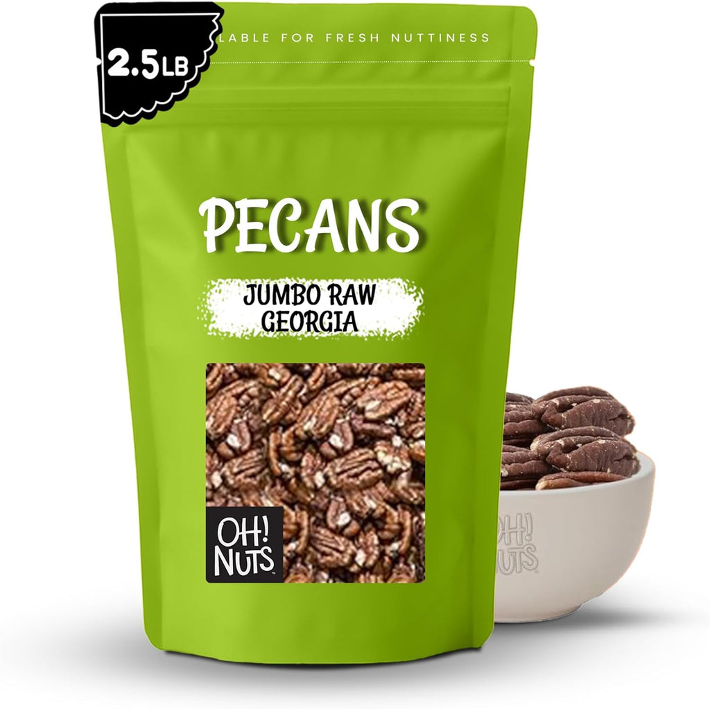 Oh! Nuts Pecans Halves & Wholes - Raw - 100% Natural - 2 lb - Raw Georgia Pecans - Packed in New York Zip-Seal Bag for Exceptional Freshness