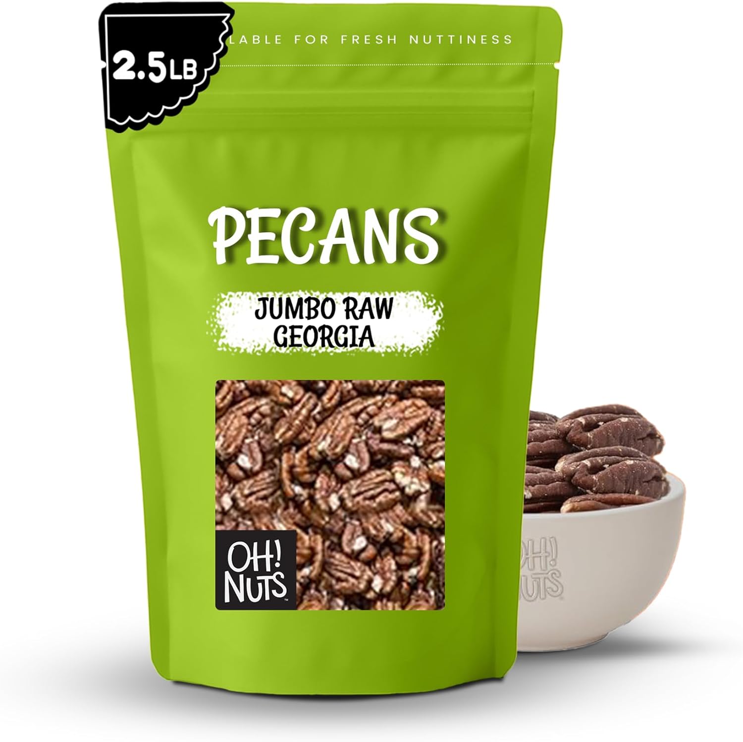 Oh! Nuts Pecans Halves & Wholes - Raw - 100% Natural - 2 lb - Raw Georgia Pecans - Packed in New York Zip-Seal Bag for Exceptional Freshness