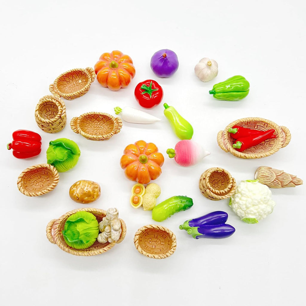 28Pcs Miniature Vegetable Figurines, Miniatures Kitchen Food, Fake Mini Vegetables, Resin Vegetables Model, Miniature Baskets Fake Vegetables Decor Set for Mini House Store Decoration Photo Props