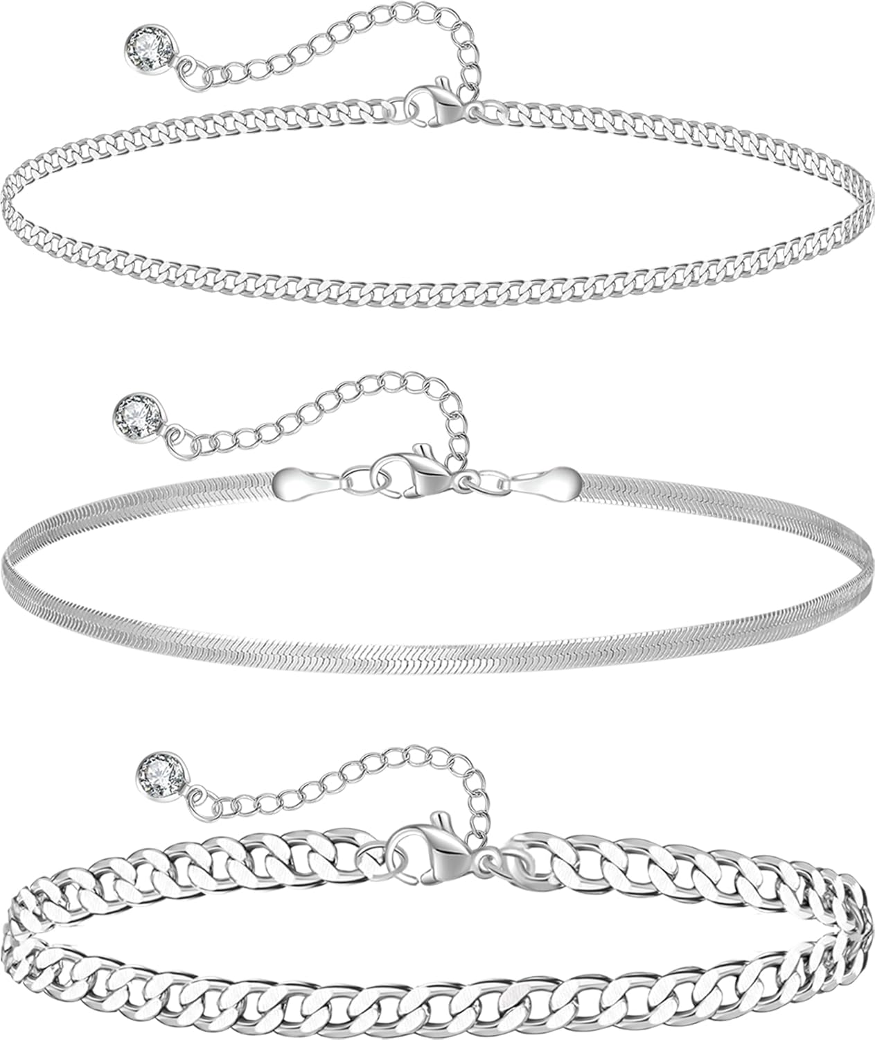 Plus Size Ankle Bracelets for Women - Extra Large 10"+2" Adjustable Anklet 14K Real Gold Plated Anklet Cuban Link, Figaro, Rope, Snake Herringbone - Summer Beach Waterproof Foot Jewelry