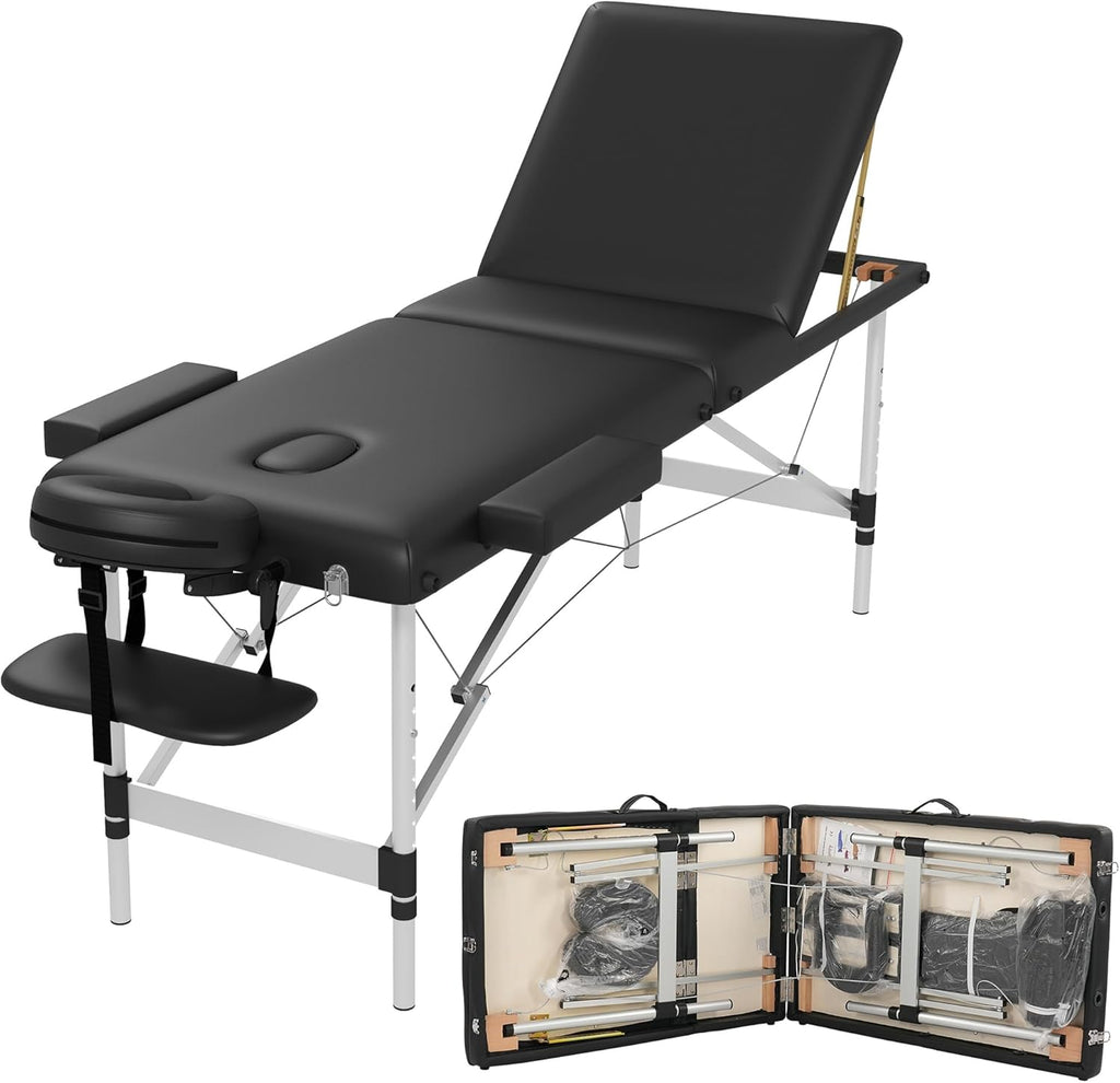 HENGJIANYI Massage Table Massage Bed, Portable 3 Section Foldable Tattoo Bed, Height Adjustable Lash Spa Bed with Face Cradle, Home Light Weight Facial Salon Bed with Aluminum Frame, Black