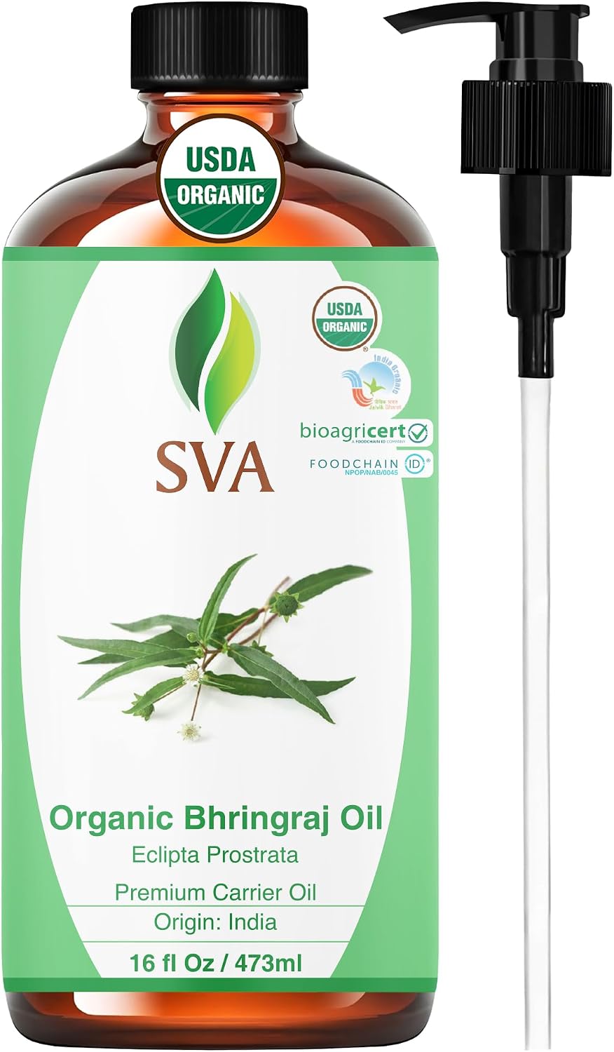 SVA Organic Bhringraj Oil 16oz Premium Carrier Oil For Hair Care, Hair Oiling, Scalp Massage, & Skin Care