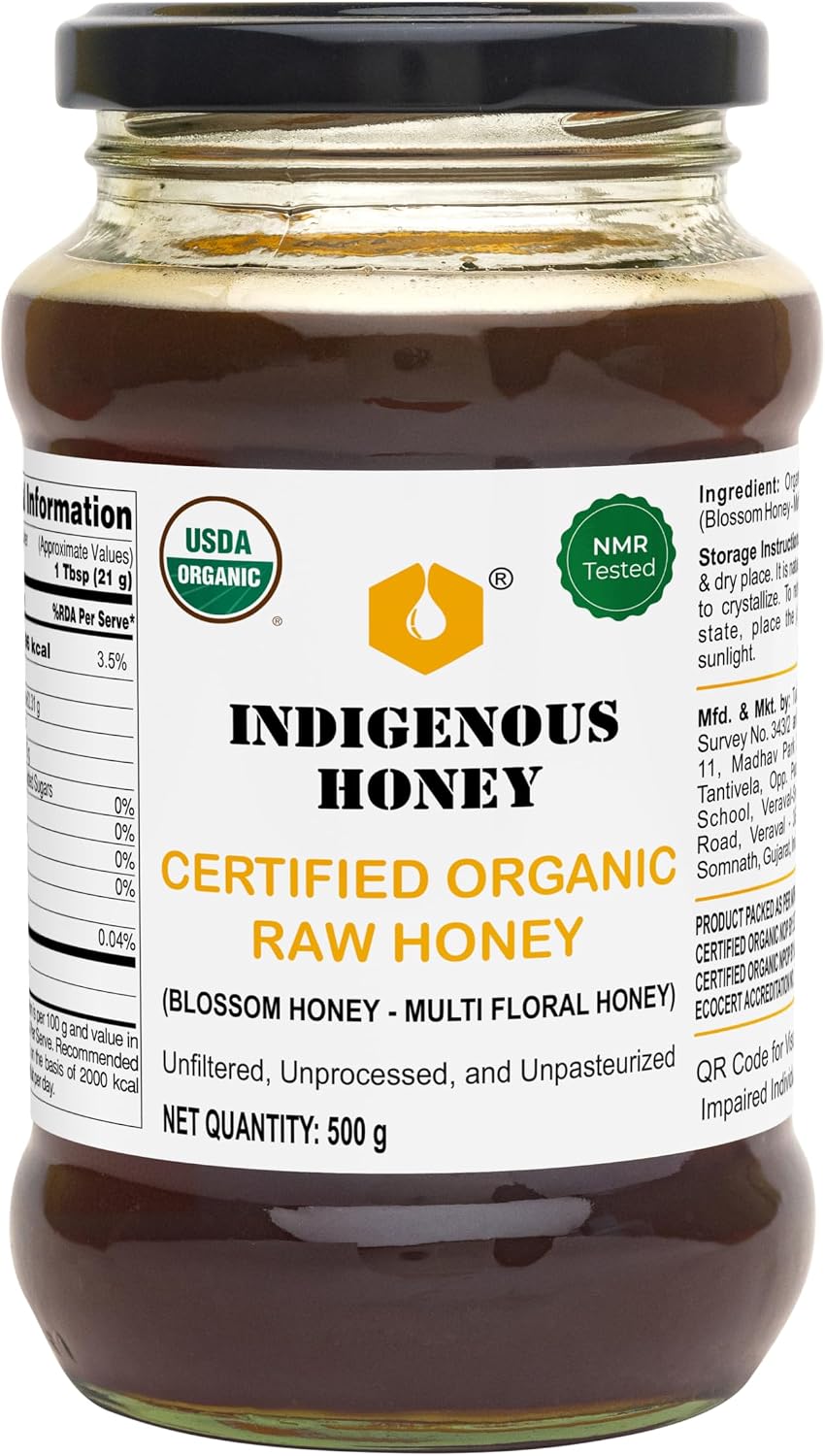 INDIGENOUS HONEY USDA Certified Organic Raw Wild Blossom Honey, Unfiltered Small-Batch Micro-Lot Harvest, Glass Jar, Single-Origin, 17.64 oz