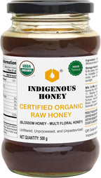 INDIGENOUS HONEY USDA Certified Organic Raw Wild Blossom Honey, Unfiltered Small-Batch Micro-Lot Harvest, Glass Jar, Single-Origin, 17.64 oz