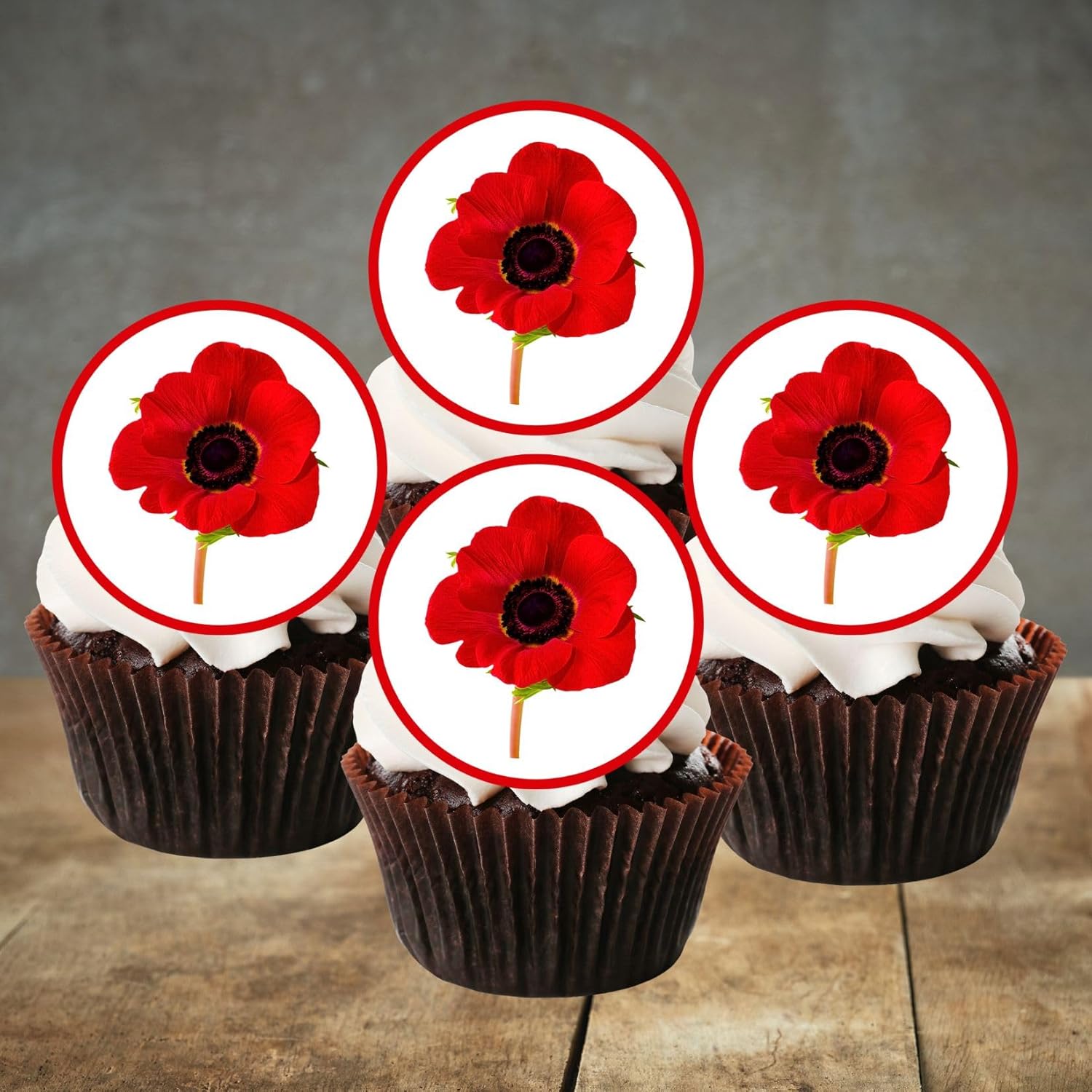 Poppy Edible Cupcake Toppers, Edible Flowers Cake Decorations, Red Poppies Cake Decorating Supplies, Valentines Day Cupcake Toppers Birthday Cookie Decoration PRECUT 12 x 4cm / 1.5 inch