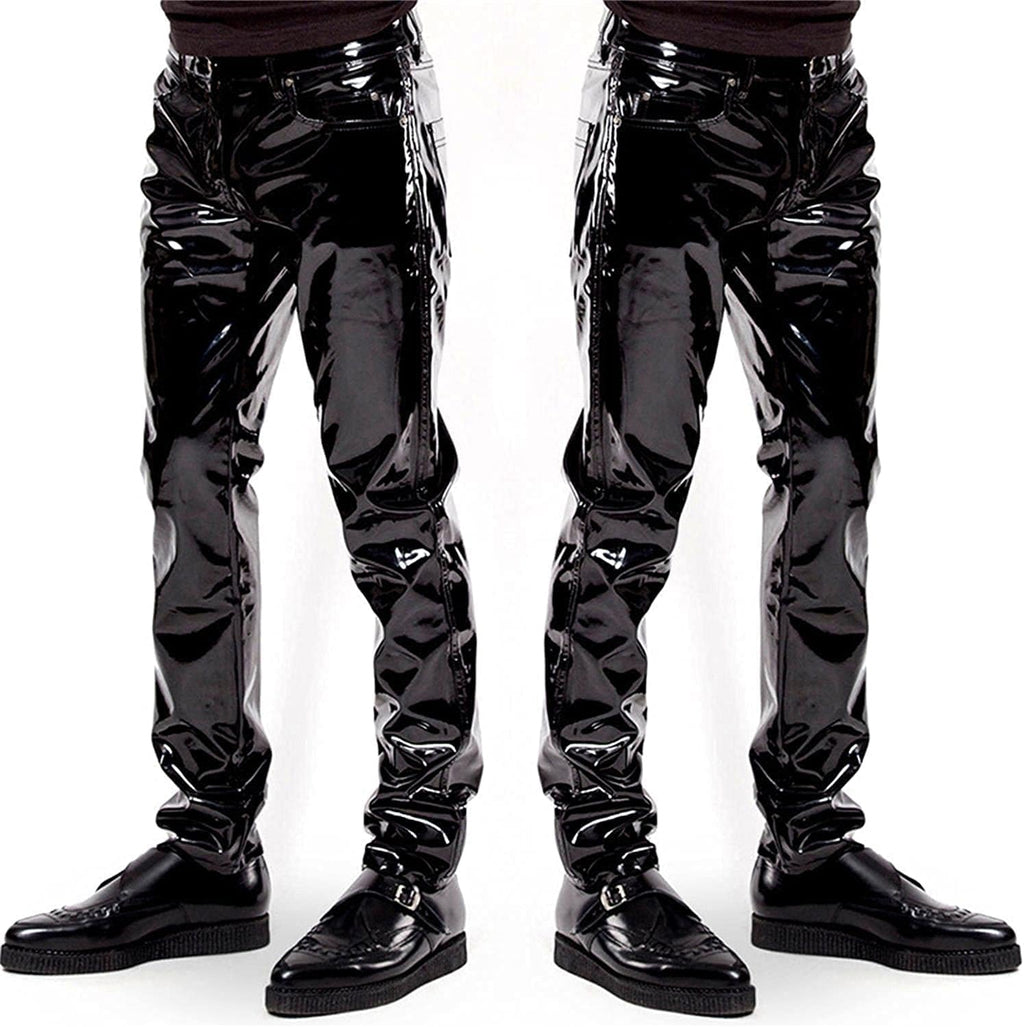 Men's Sexy Shiny Patent Leather Pants Trousers Latex Wet Look Nightclub Bar Stage Costume Black
