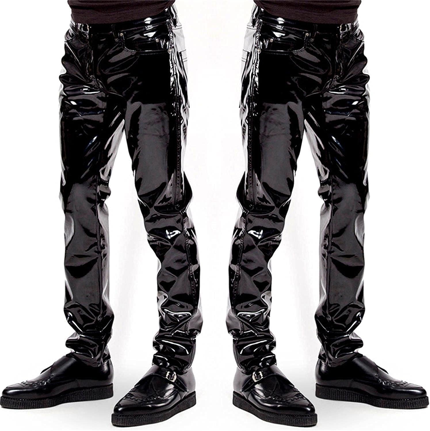 Men's Sexy Shiny Patent Leather Pants Trousers Latex Wet Look Nightclub Bar Stage Costume Black