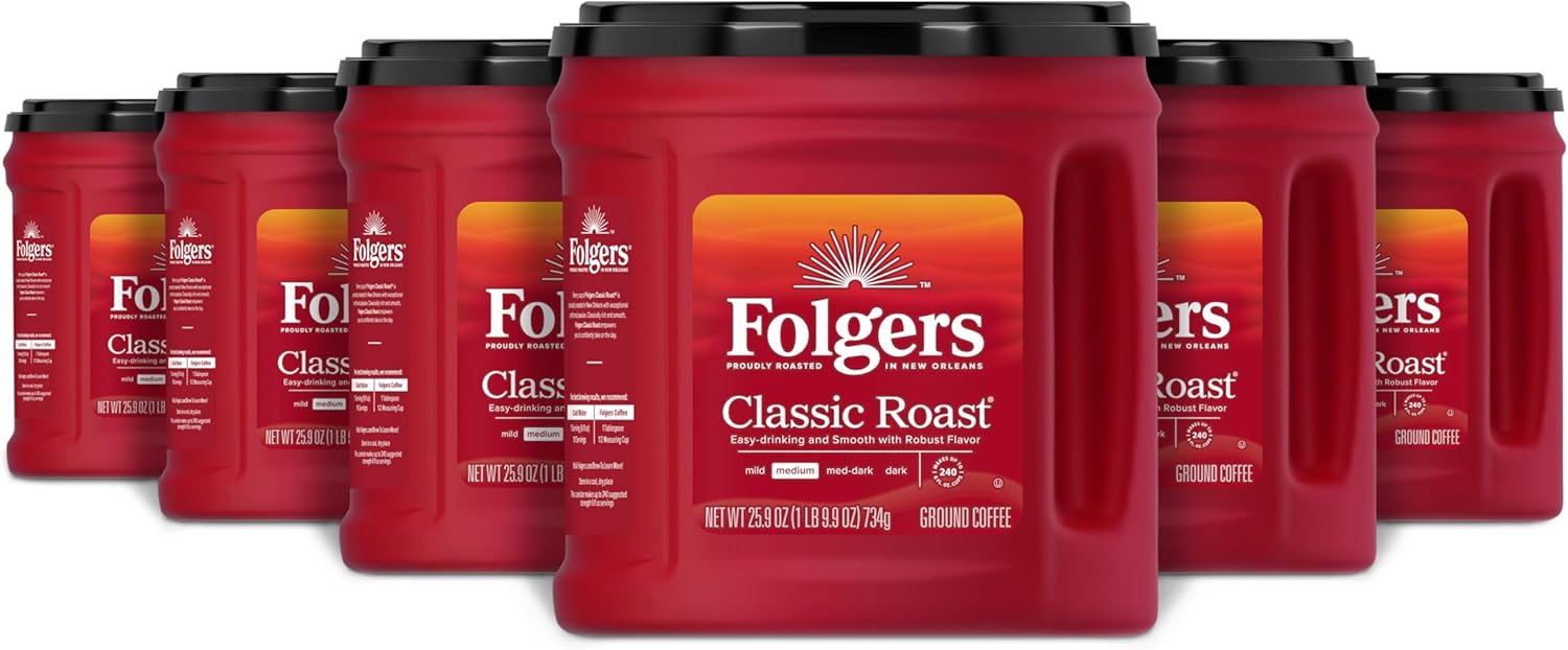 Folgers Classic Roast Ground Coffee, Medium Roast, 25.9 Oz. Canister (Pack of 6)