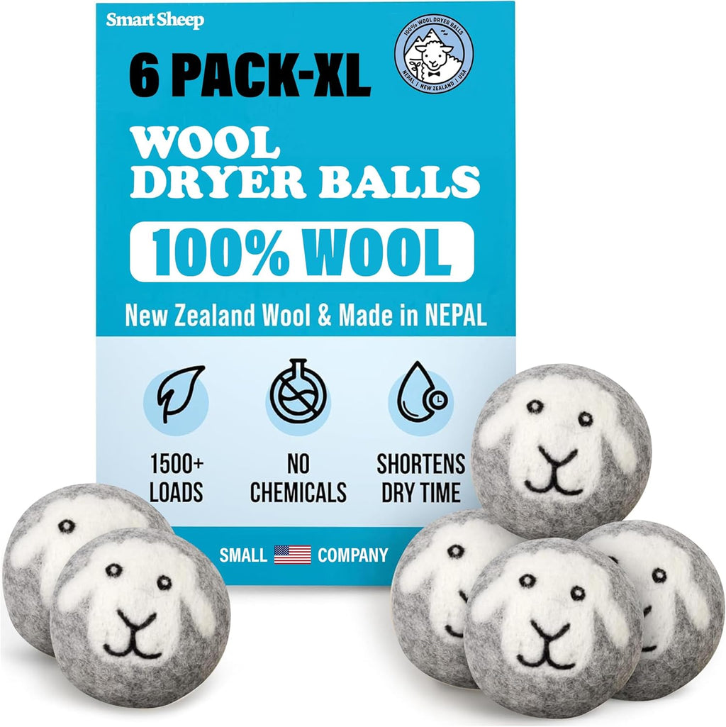 Smart Sheep Wool Dryer Balls - 6-Pack - XL Premium Natural Fabric Softener Award-Winning - Wool Balls Replaces Dryer Sheets - Wool Balls for Dryer - Laundry Balls for Dryer