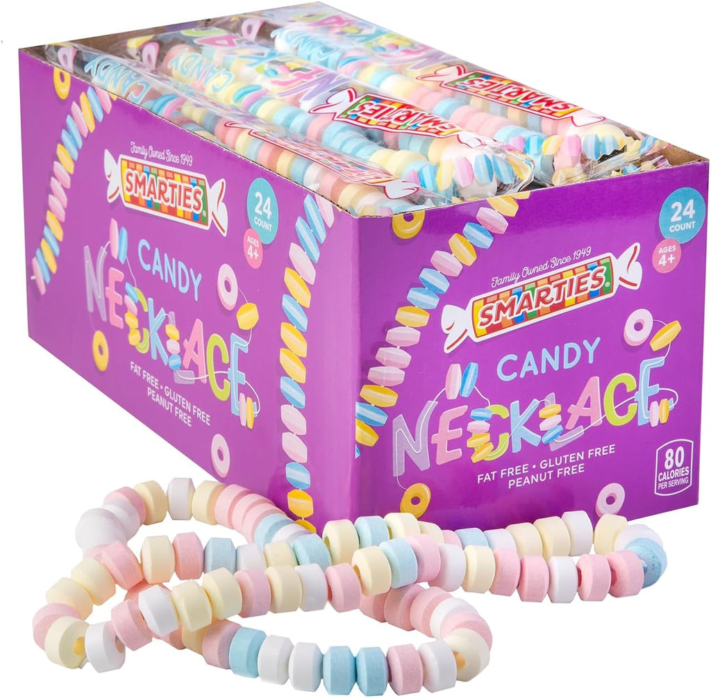 Smarties Candy Necklace - Bulk Candy Individually Wrapped - Gluten Free & Vegan, Fruit Flavored, Hard Candy on Stretch String - Perfect Party Favors, Birthdays & Halloween Hard Candy Box - 24 Count