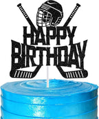 Hockey Happy Birthday Cake Topper, Ice Hockey Player Lover Fans Birthday Decorations, Winter Sports Birth Day Party Decoration Supplies, Sports Themed Party Decor Black Glitter