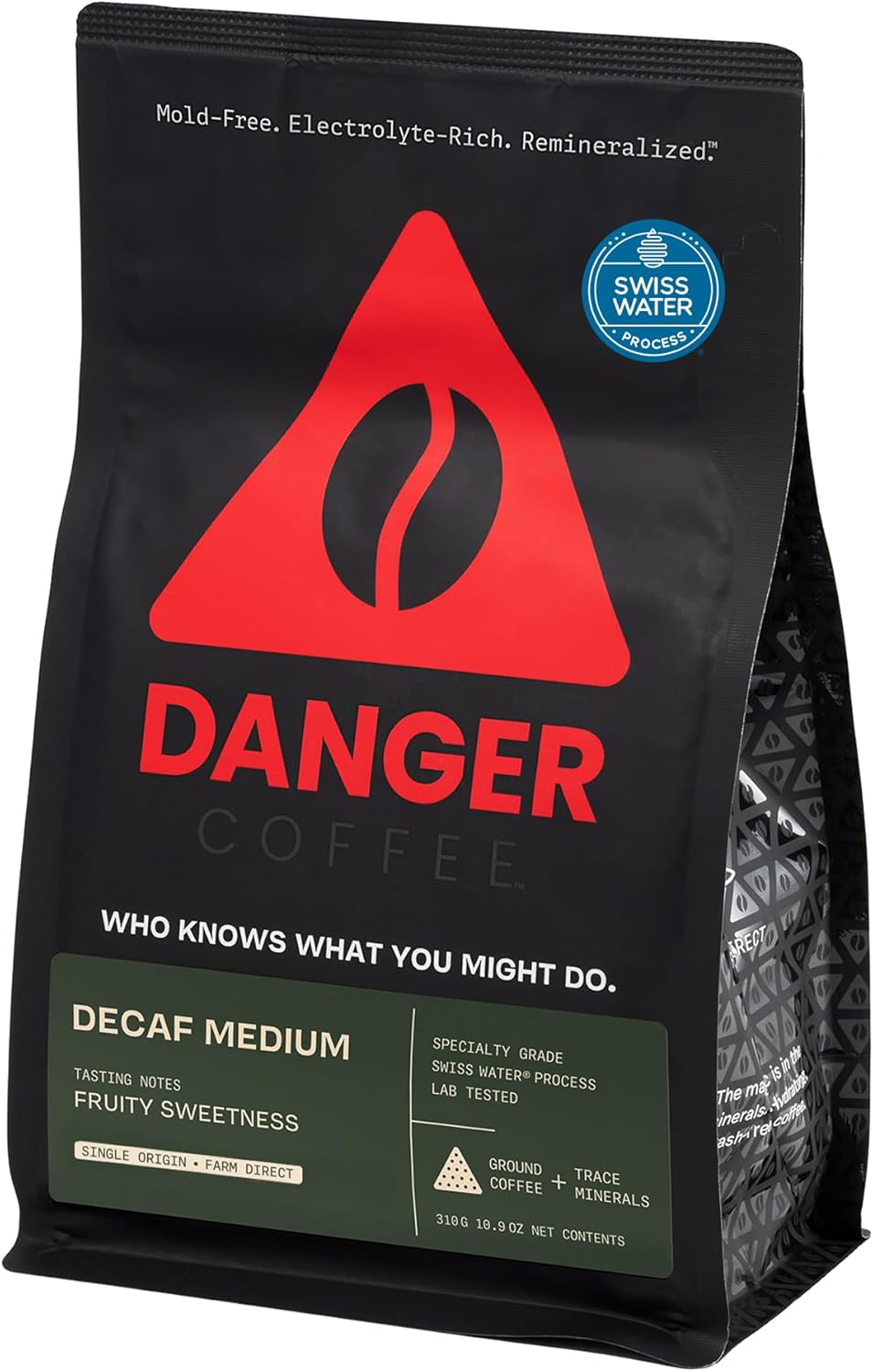 Danger Coffee by Dave Asprey, Remineralized, Mold Free & Lab Tested Swiss Water Decaf Ground Coffee, Medium Roast, Decaffeinated 10.9 Ounce