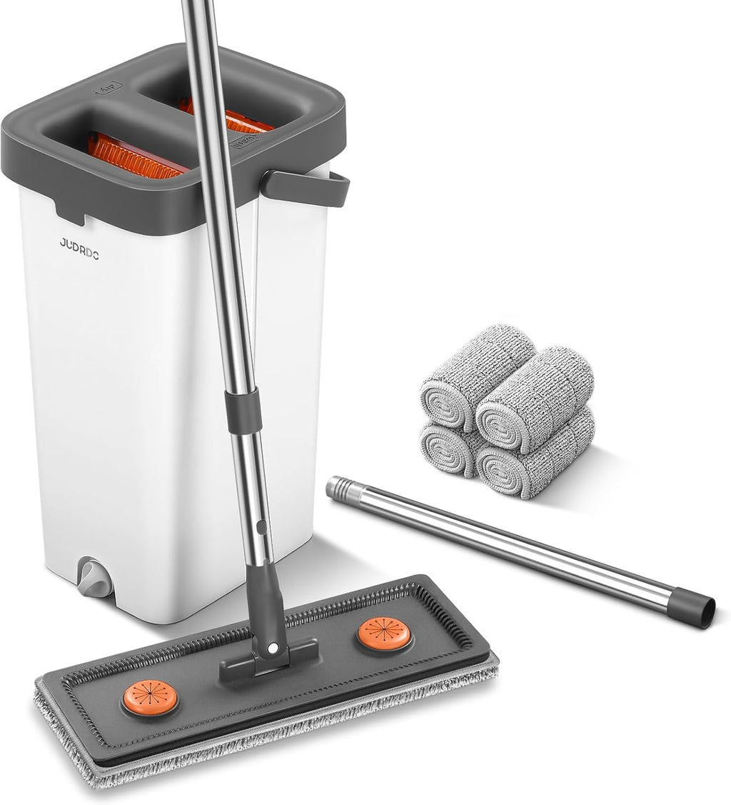 Mop and Bucket with Wringer Set for Home,61" Flat Mop and Bucket System for Floor Cleaning,Wet Dry Mop Window Wall Cleaner with Long Handle,Floor Mop with 4 Washable Microfiber Pads