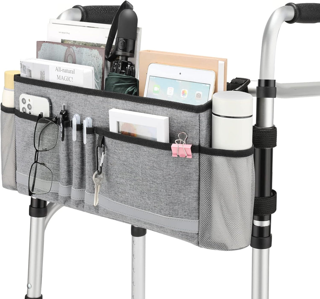Walker Basket, Folding Walker Bag with Cup Holder, Walker Accessories for Seniors, Gray