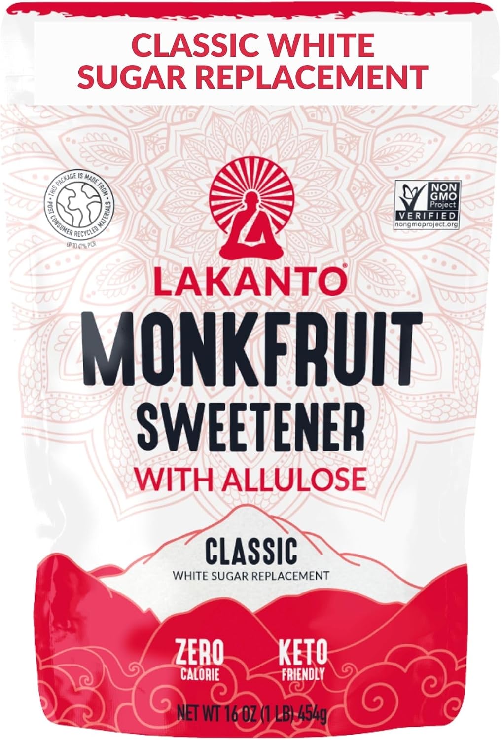 Lakanto Classic Monk Fruit Sweetener With Allulose, White Sugar Substitute From Monk Fruit Extract for Baking, Coffee & Tea, Gluten Free, Zero Calorie, Low Carb, Non GMO, Keto, Classic White (1 lb)