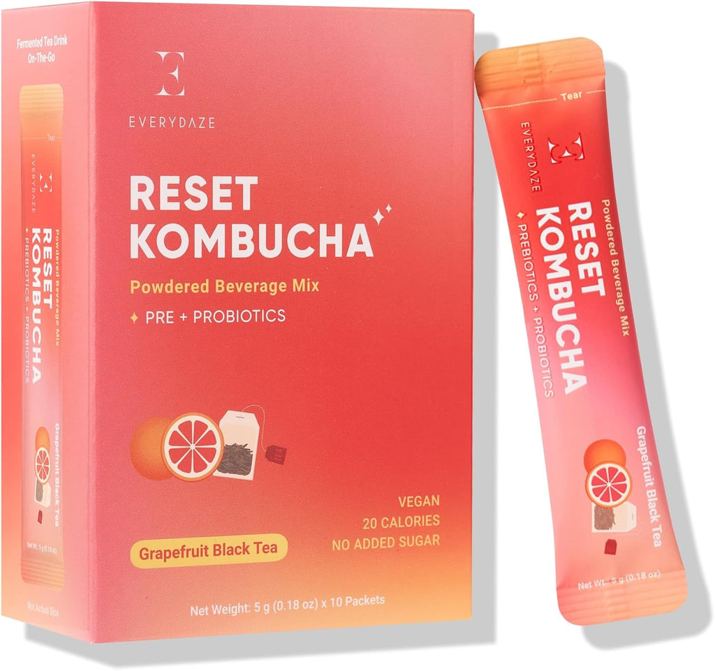 Everydaze Reset Kombucha Tea Powdered Beverage Mix | 10 Sticks | Prebiotics + Probiotics | Vegan | No Added Sugar, Gluten Free, Sparkling Powder Drink Pack (Grapefruit Black Tea)