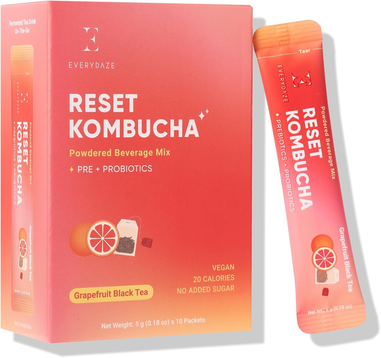Everydaze Reset Kombucha Tea Powdered Beverage Mix | 10 Sticks | Prebiotics + Probiotics | Vegan | No Added Sugar, Gluten Free, Sparkling Powder Drink Pack (Grapefruit Black Tea)