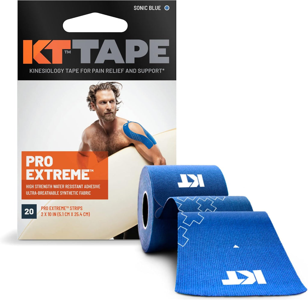 KT Tape Pro Extreme Therapeutic Elastic Kinesiology Sports Tape, 20 Pre Cut 10 inch Strips, 100% Synthetic Water Resistant Breathable, Pro & Olympic Choice, Sonic Blue