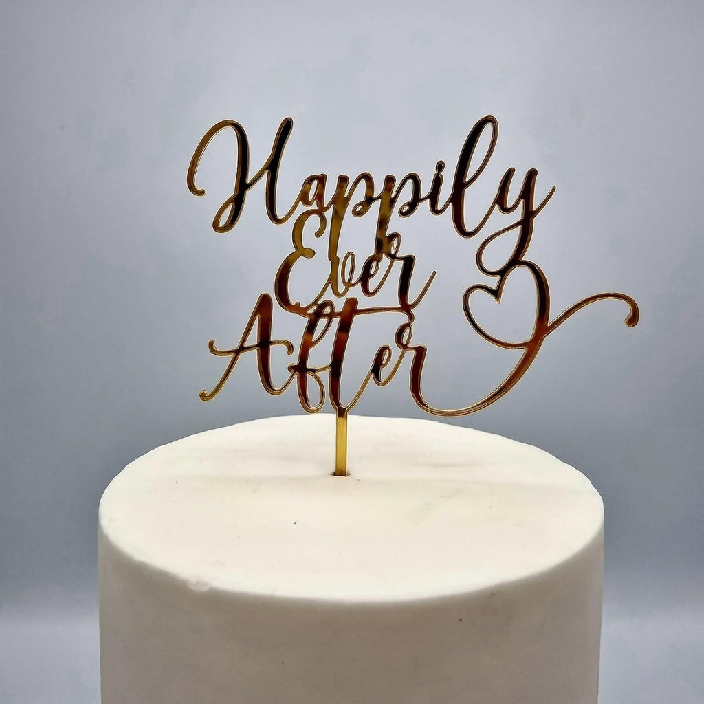 Happily Ever After Cake Topper,Gold Acrylic Marriage Cake Topper for Wedding,Engagement,Bridal Shower,Vow Renewal,Anniversary Party Decoration Supplies