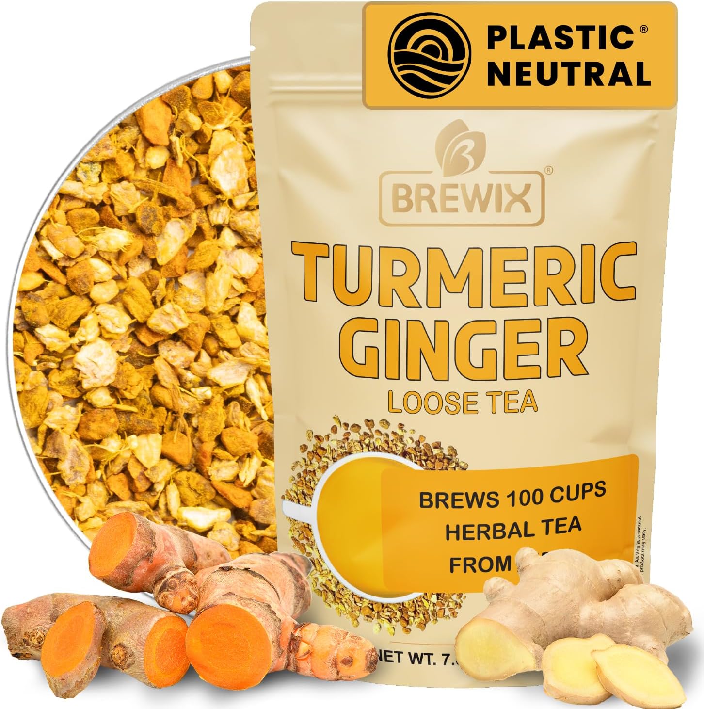 BREWIX, Turmeric Ginger Loose Herbal Tea (100+ Cups, 7.05oz/200g) Caffeine & Gluten Free | Ginger Root Tea | Savory & Spicy